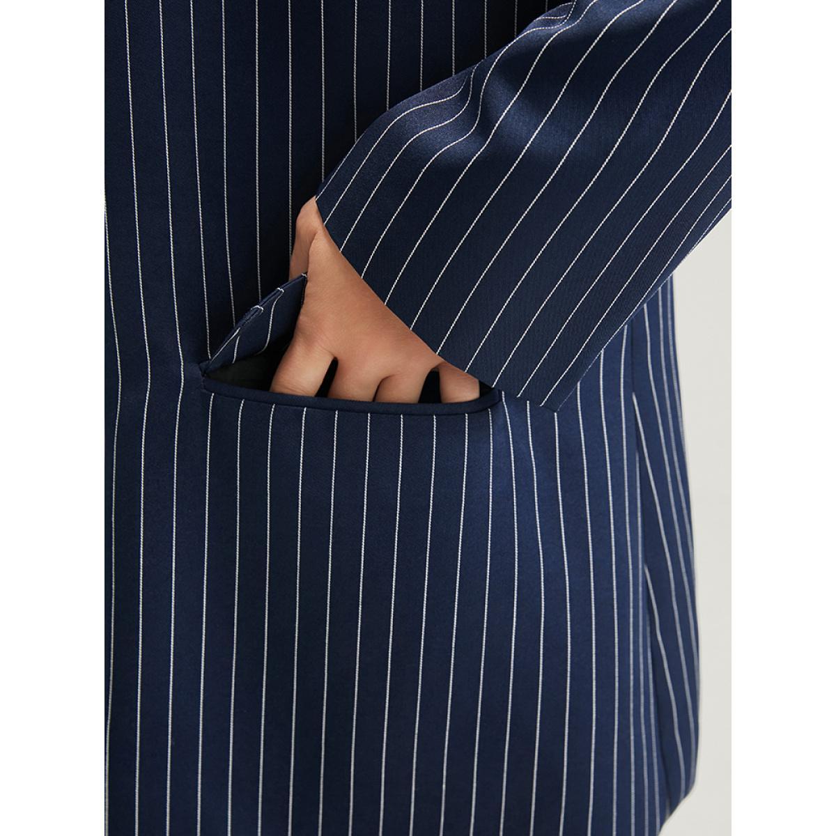 Plus Size Striped Suit Collar Flap Pocket Button Up Blazer Without Belt DarkBlue Women Work Striped Pocket Sleeve Long Sleeve Suit Collar 22-24/3X Pocket Office Blazers BloomChic Product Image