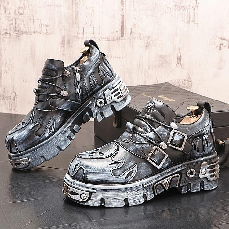 Platform Buckled Lace-Up Faux Leather Shoes Product Image