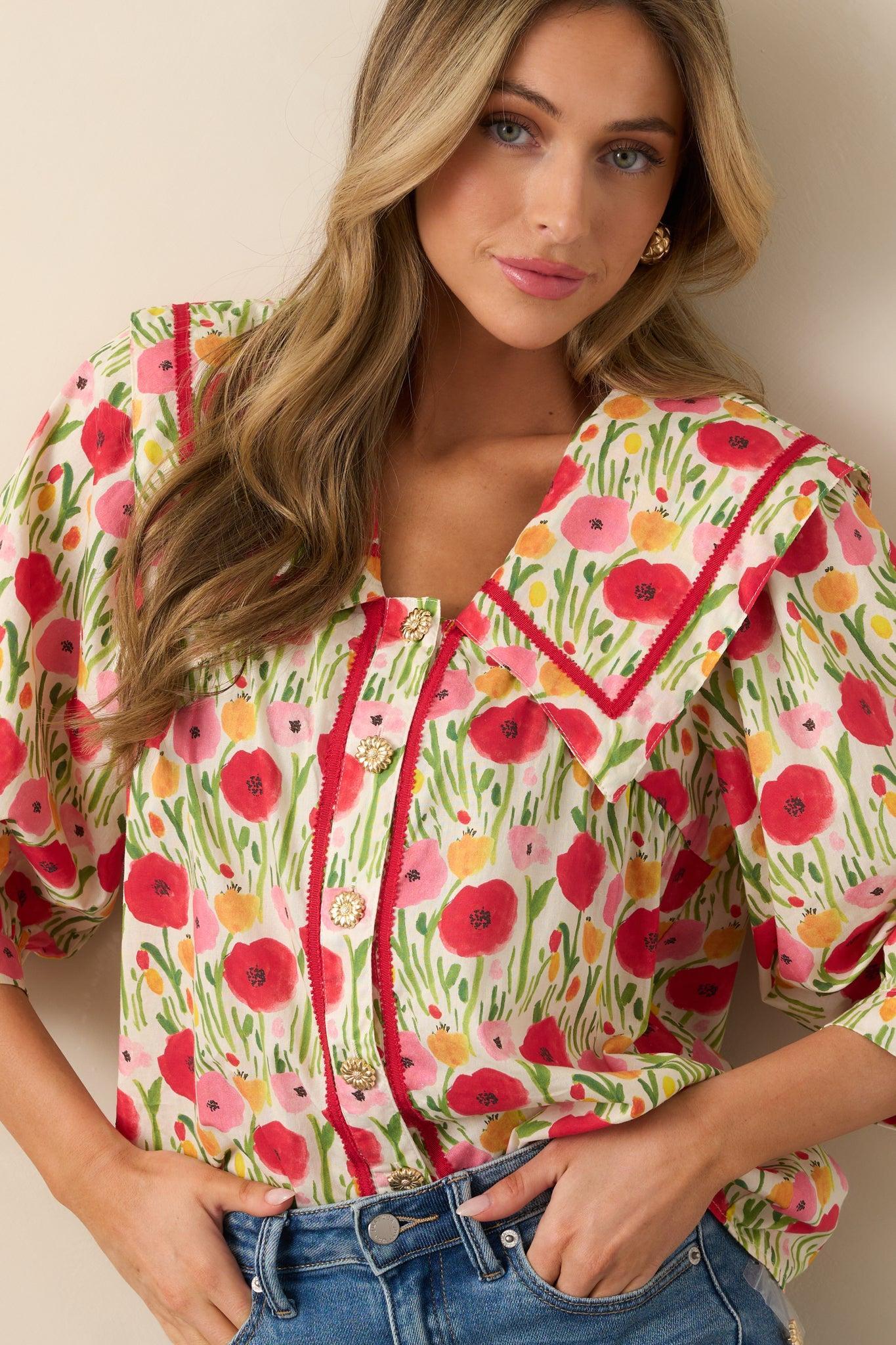 Morning Delight Cotton Red Button Front Blouse Product Image