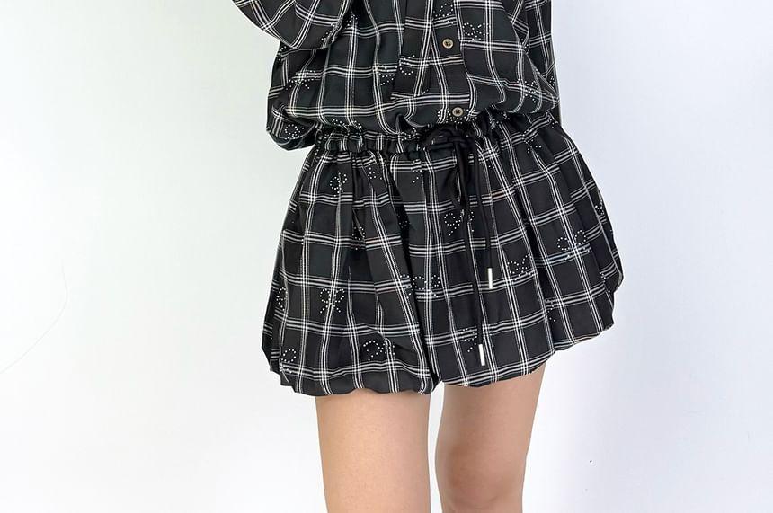 Long Sleeve V-Neck Plaid Bow Drawstring Mini A-Line Dress Product Image