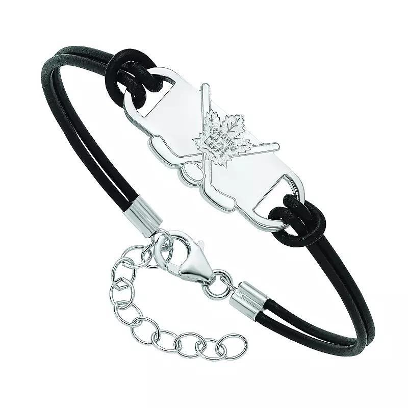 LogoArt Sterling Silver Columbus Blue Jackets Black Leather Bracelet, Womens Product Image