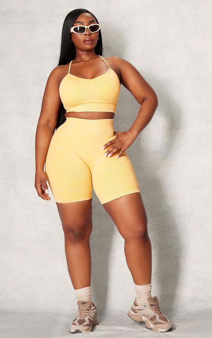 PLT SPORT Plus Mustard Acid Wash Seamless Rib Longline Cage Back Sports Bra Product Image