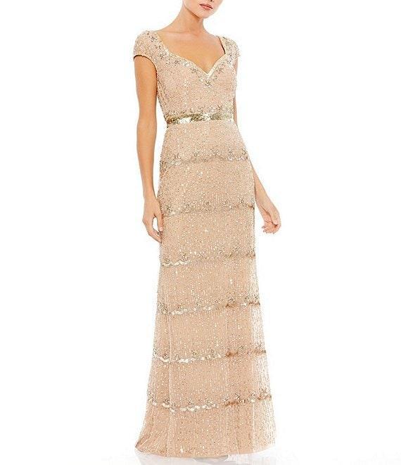 Mac Duggal Sweetheart Neck Cap Sleeve Teired Sequin Column Gown Product Image