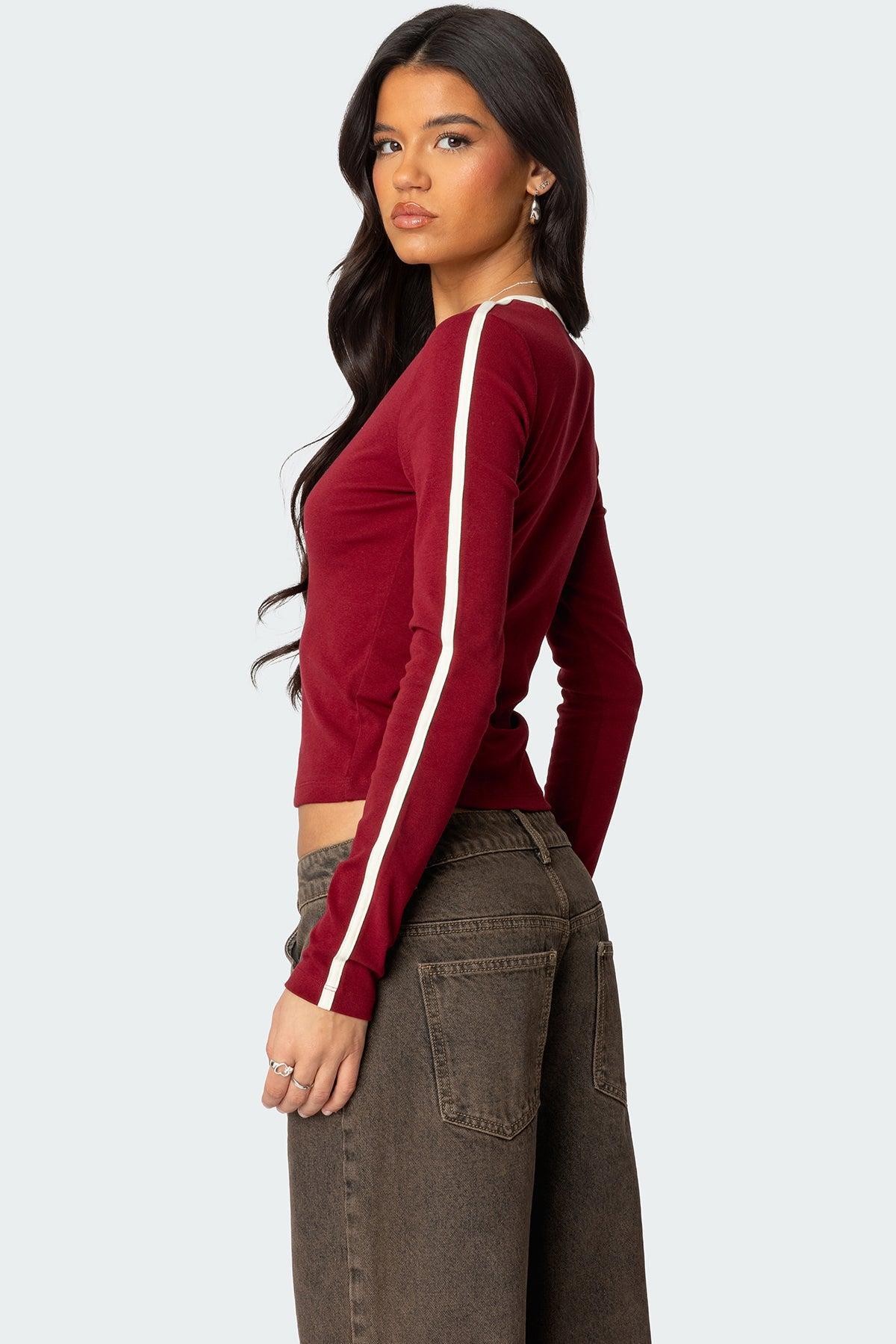 Contrast V Neck Long Sleeve T Shirt Product Image