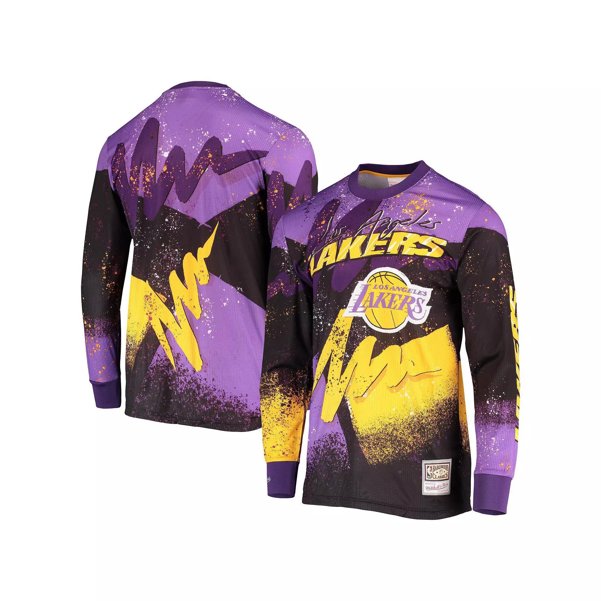 Men's Mitchell & Ness Purple Los Angeles Lakers Hardwood Classics Hyper Hoops Moto Sublimated Long Sleeve T-Shirt,  Product Image