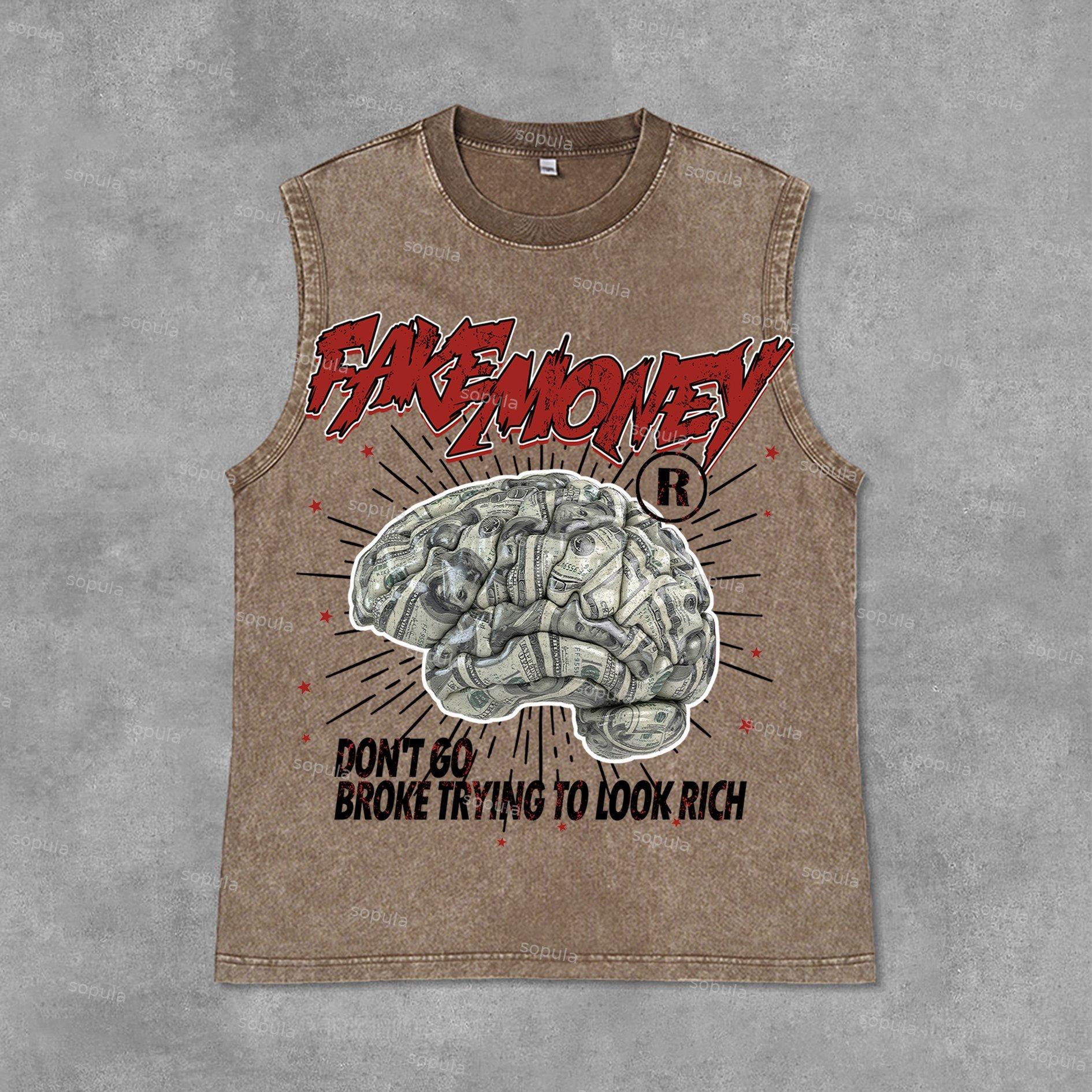 Sopula Don't Go Broke Trying To Look Rich Graphic Print Acid Washed Sleeveless Tank Top Product Image
