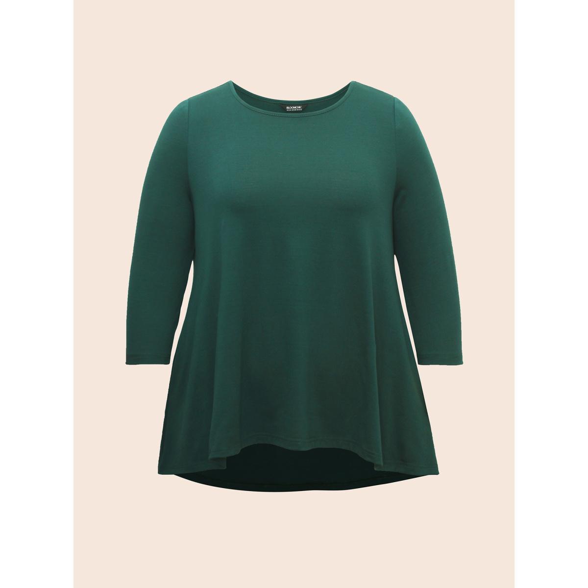 Plus Size Solid Crew Neck Medium Stretch T-shirt DarkGreen Women Casual Non Round Neck Everyday T-shirts BloomChic 30/6X Product Image