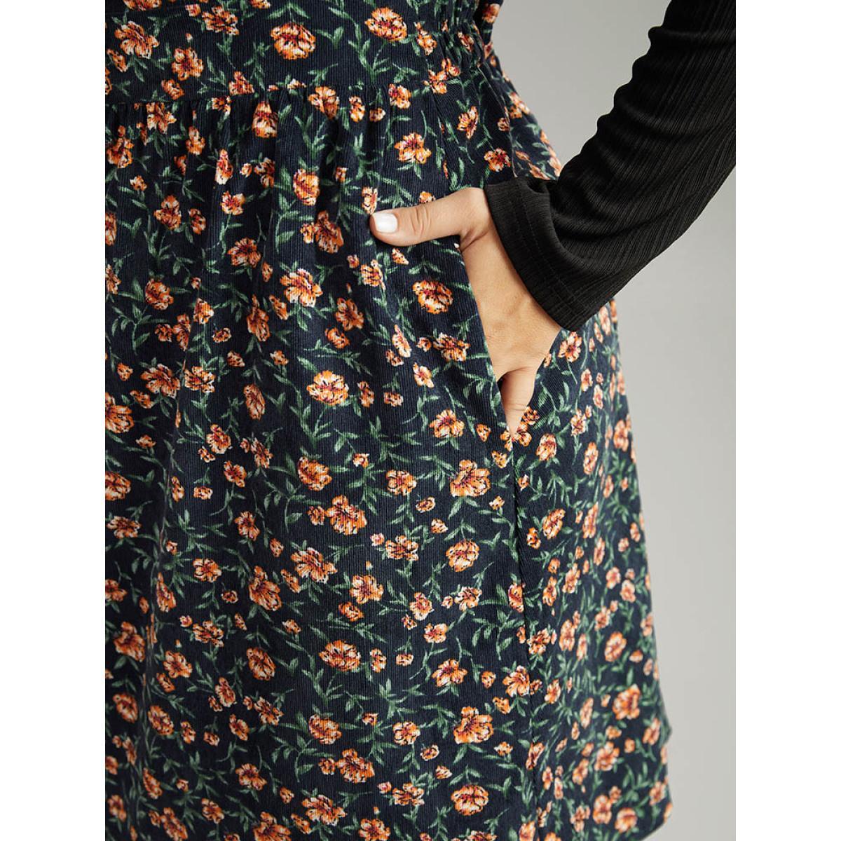 Plus Size Corduroy Ditsy Floral Pocket Adjustable Straps Dress Indigo Women Casual Adjustable Straps Spaghetti Strap Sleeveless Curvy Knee Dress BloomChic 18-20/2X Product Image