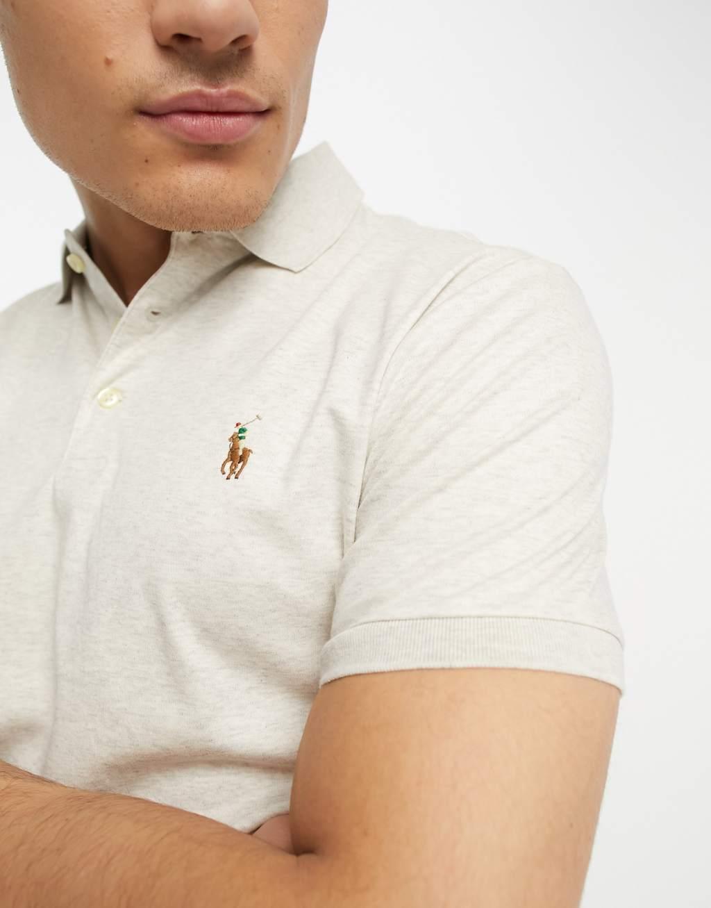 Polo Ralph Lauren multi logo pima cotton polo custom fit in beige heather Product Image