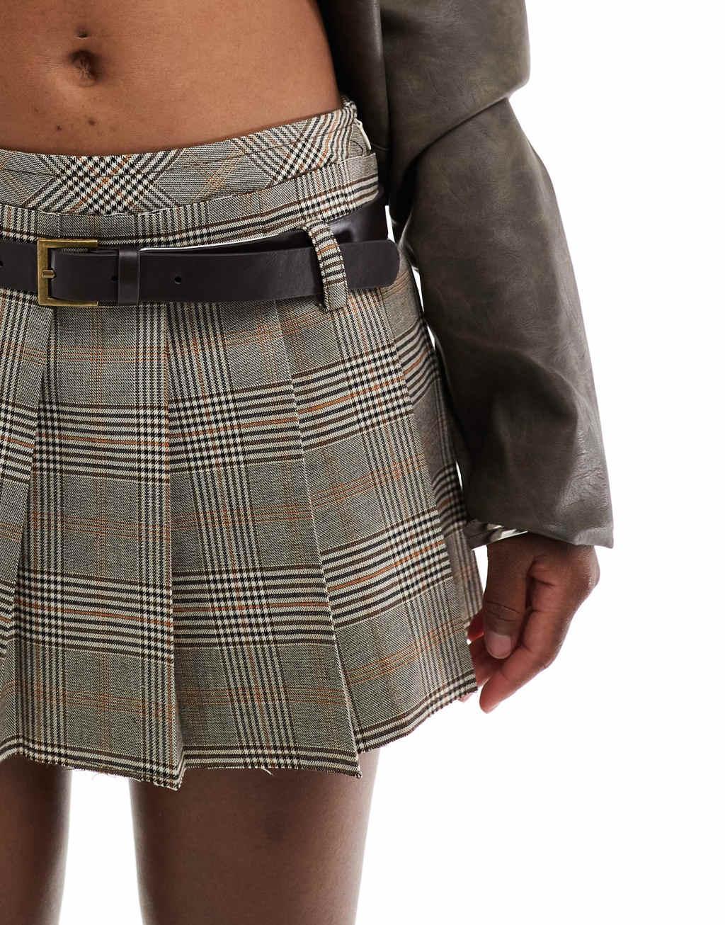 Bershka boxer detail pleated mini skirt in brown check Product Image