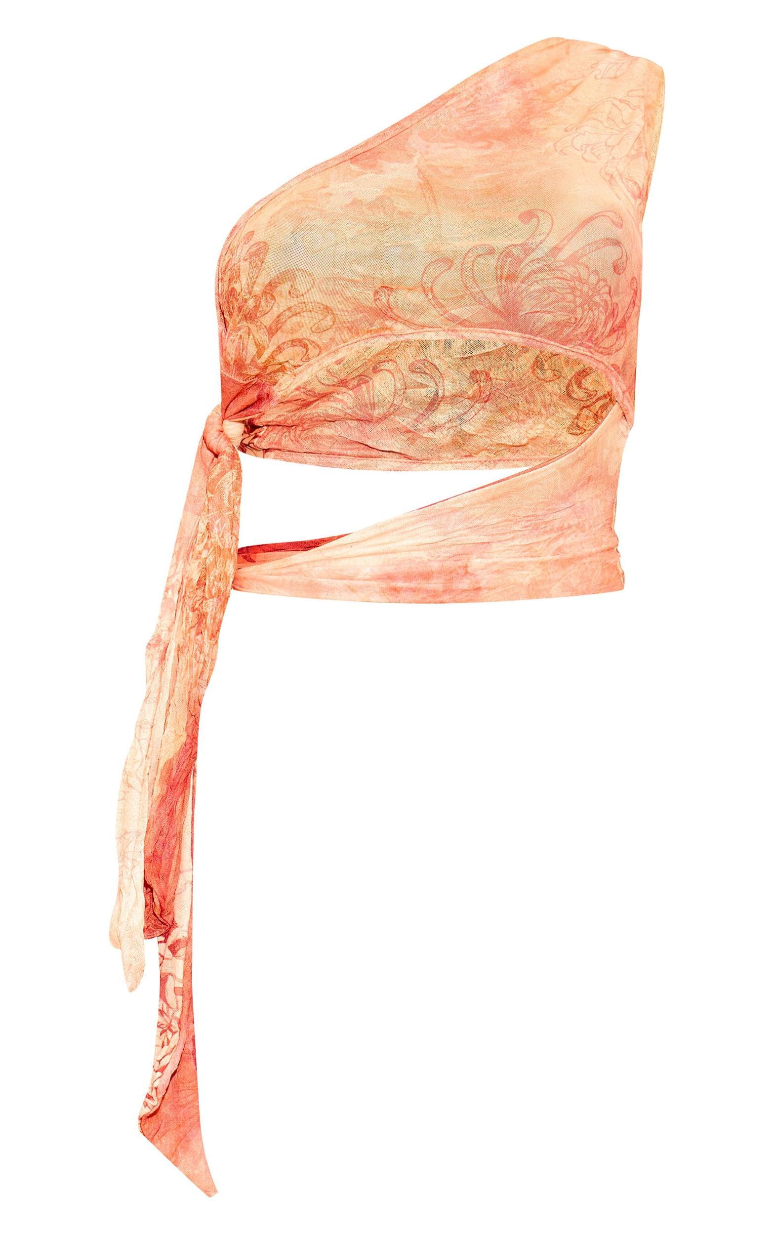 Orange Printed Crinkle Mesh Tie Side Crop Top Product Image