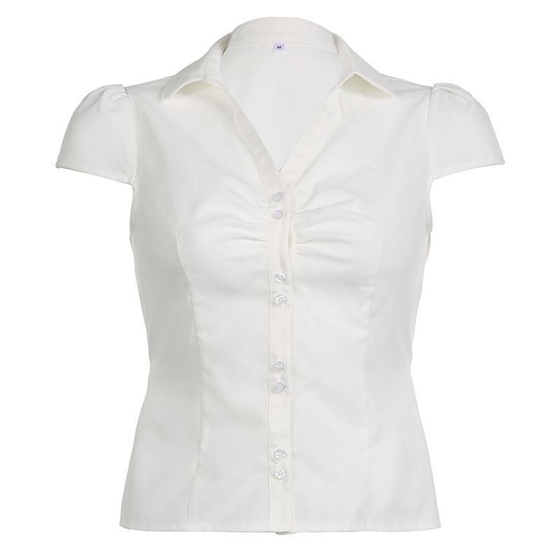 Short Sleeve/Long Sleeve V-Neck Plain Ruched Shirt Product Image