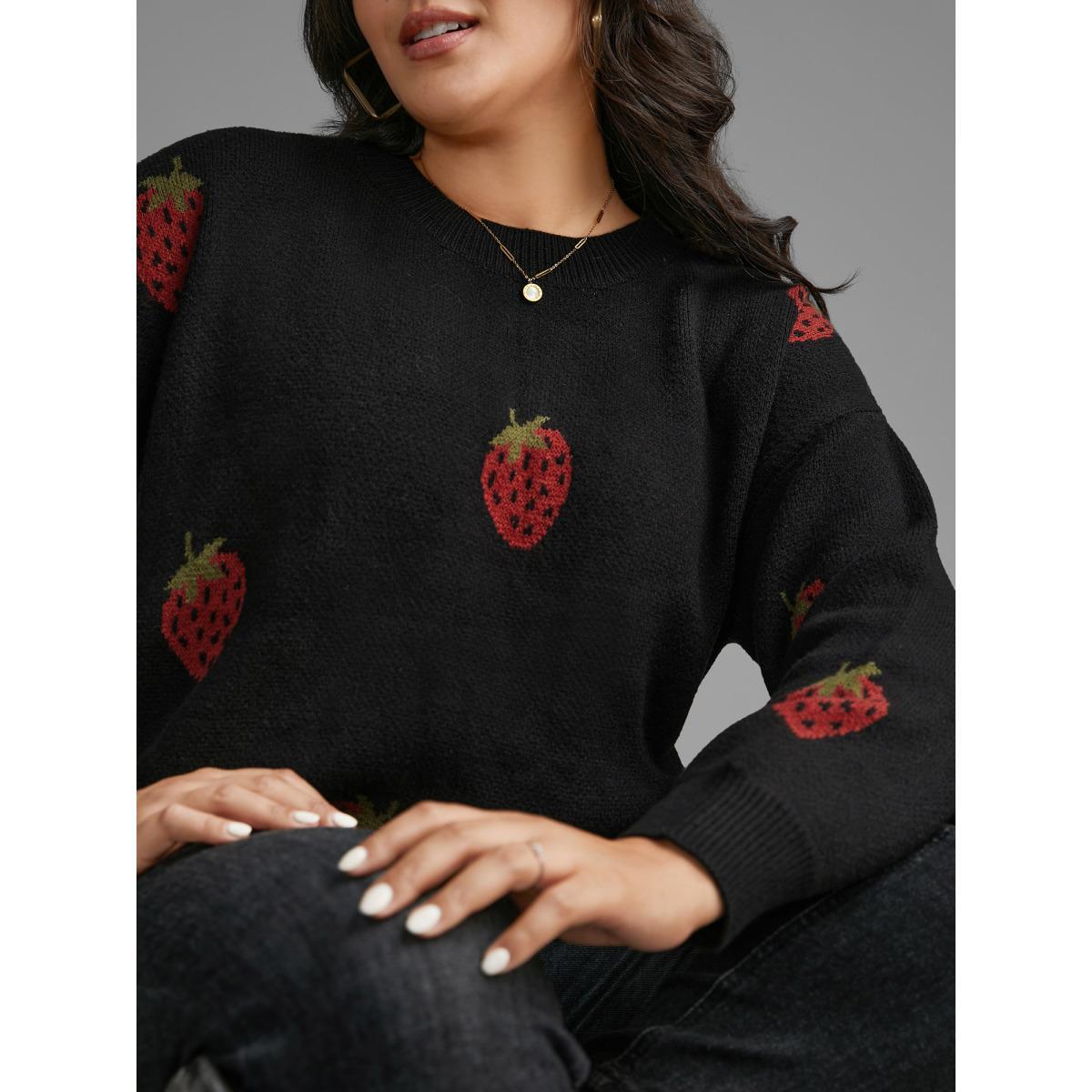 Plus Size Strawberry Jacquard Drop Shoulder Sleeve Pullover Black Women Casual Loose Long Sleeve Round Neck Everyday Pullovers BloomChic 22-24/3X Product Image