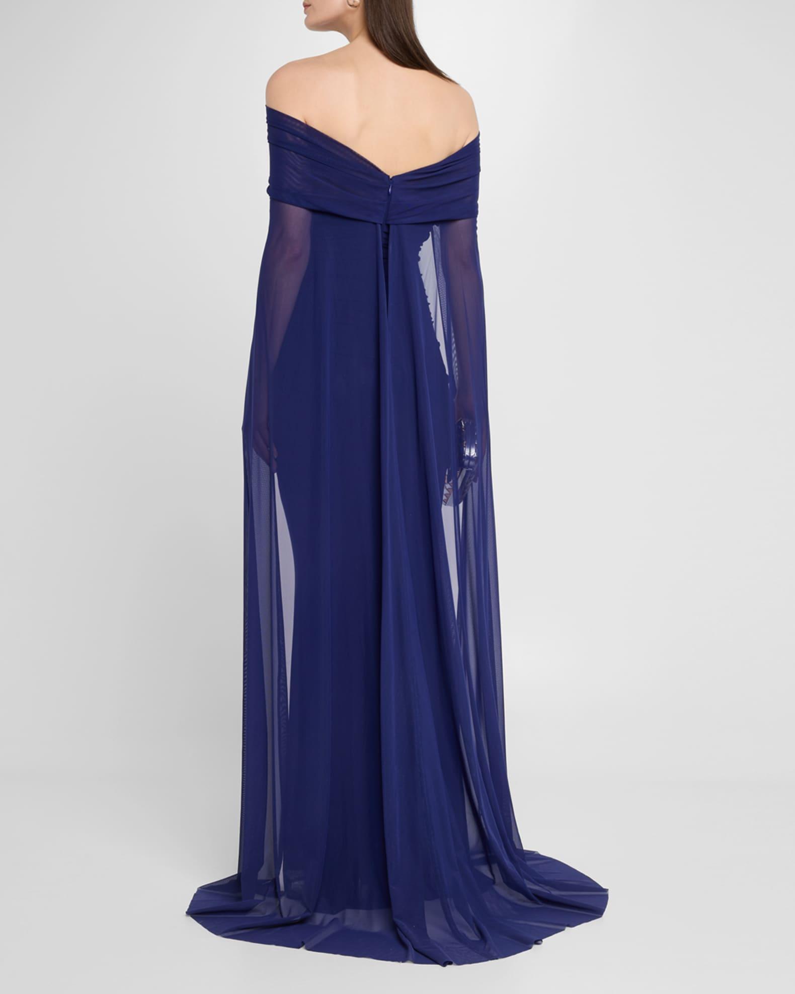 Off-The-Shoulder Ruched Mesh Cape Gown Product Image