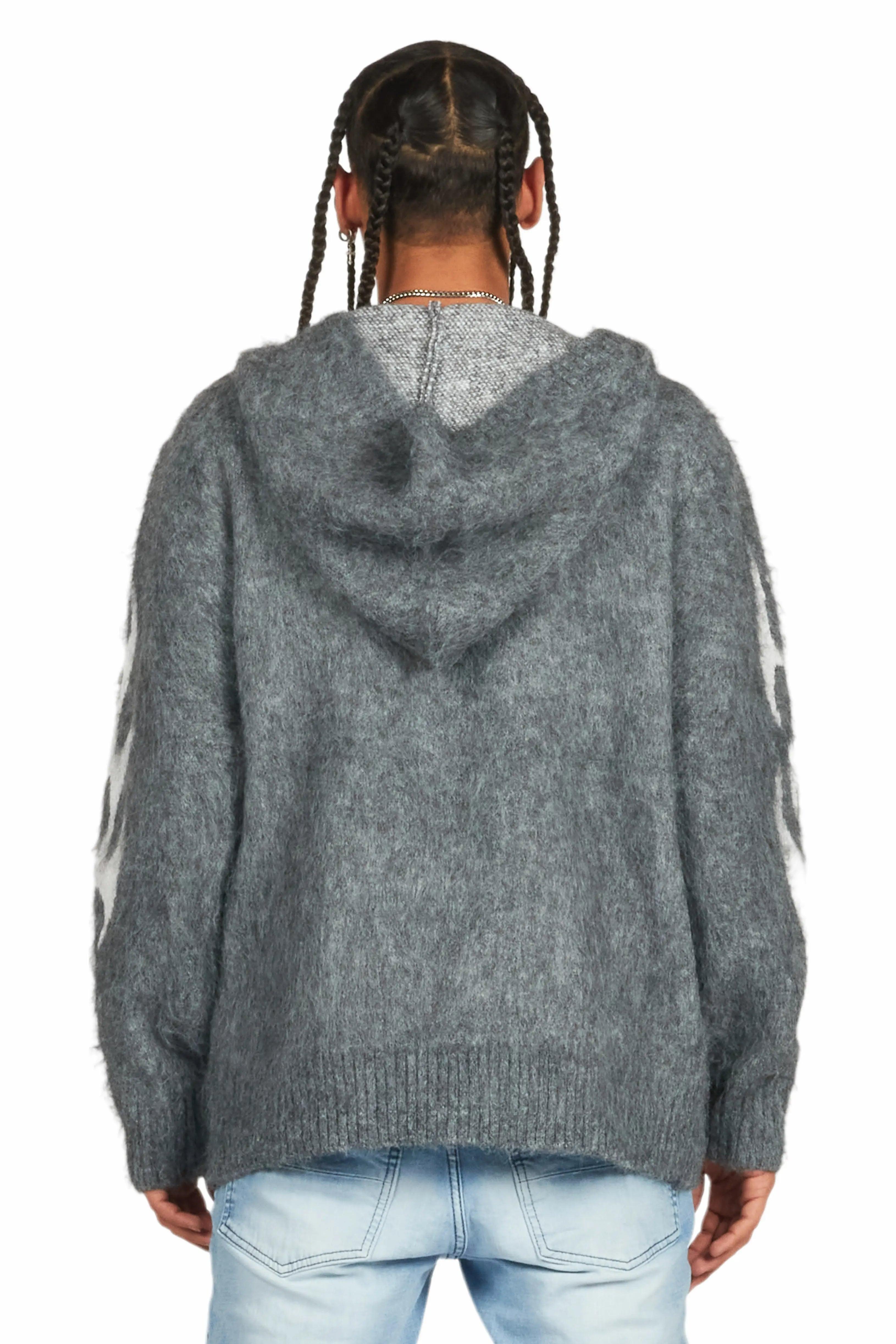 Hakon Grey Graphic Knitted Mohair Hoodie Male Product Image