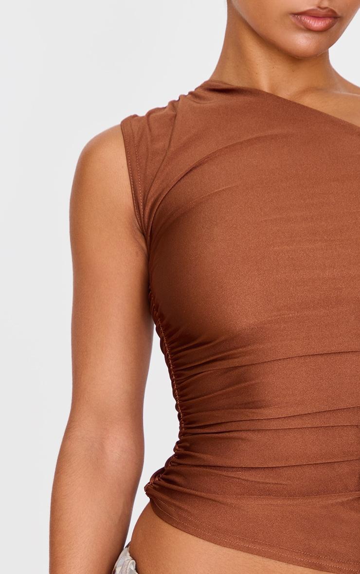 Chocolate Stretch Slinky Ruched Side Long Top Product Image