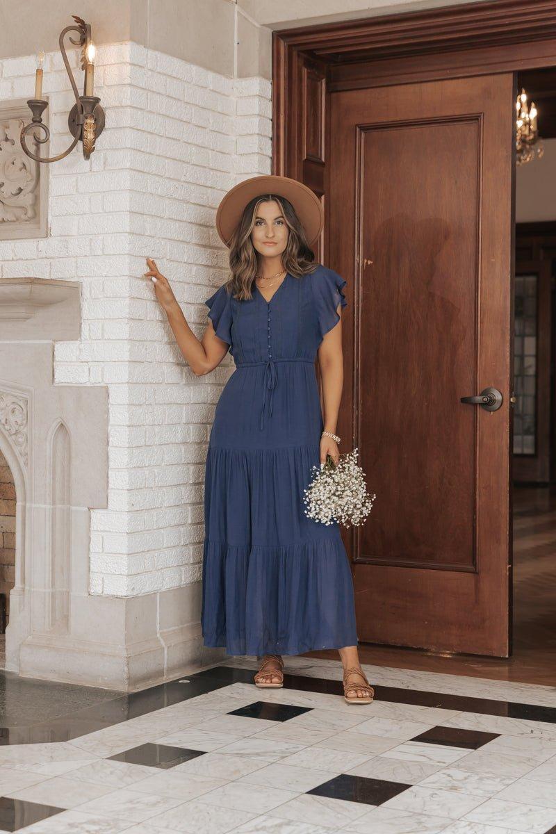 Celine Crochet Lace Tiered Boho Midi Dress - Navy - FINAL SALE Product Image