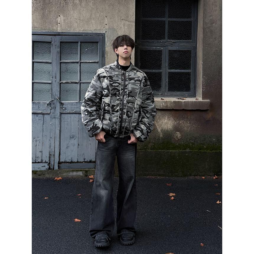 Camouflage Panel Zip Puffer Bomber Jacket Product Image