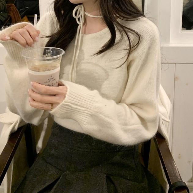 Long Sleeve Halter-Neck Plain Loose-Fit Sweater Product Image