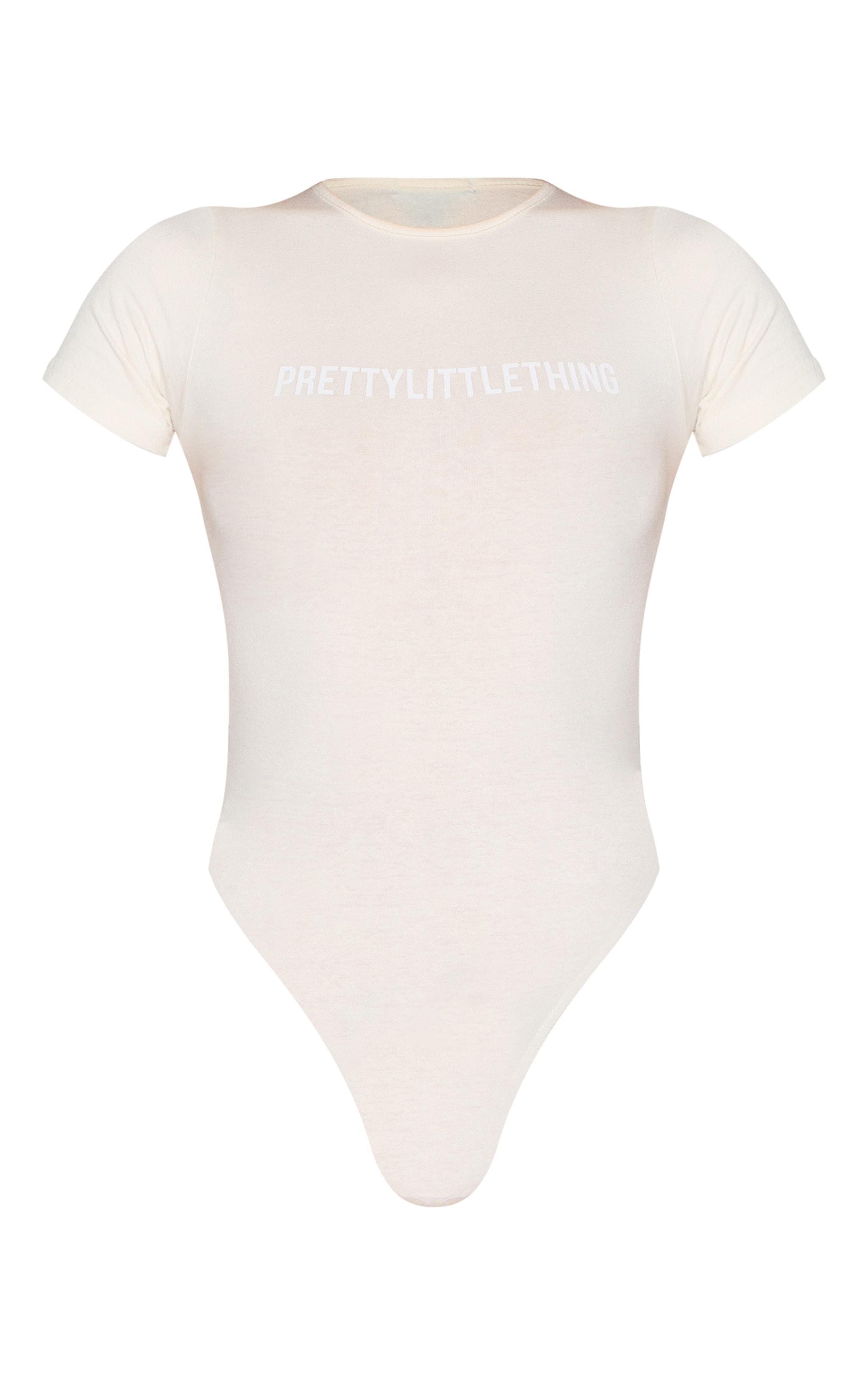 PRETTYLITTLETHING Off White Logo Short Sleeved Bodysuit Product Image