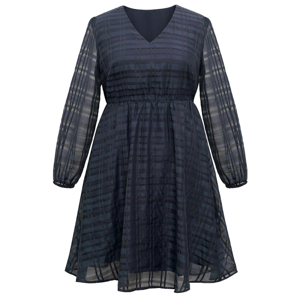 Plus Size Geometric Graphic Mesh Lantern Sleeve Dress DarkBlue Women Elegant Elastic cuffs V-neck Long Sleeve Curvy Midi Dress BloomChic 26/4X Product Image