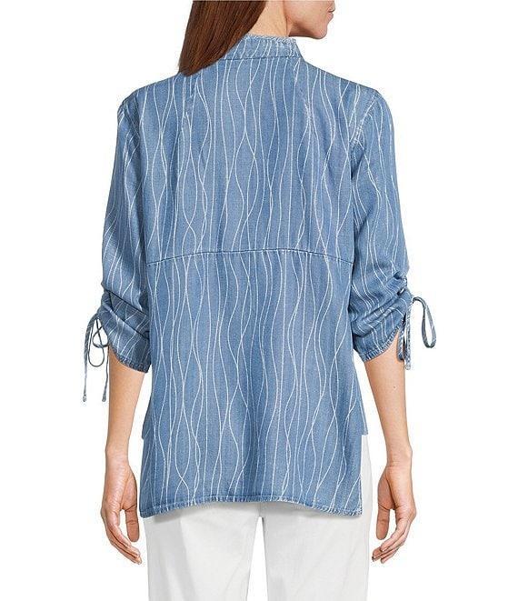 Multiples Petite Size Slub Woven Printed Stand Collar 3/4 Drawstring Sleeve Hi-Low Hem Button Front Shirt Product Image