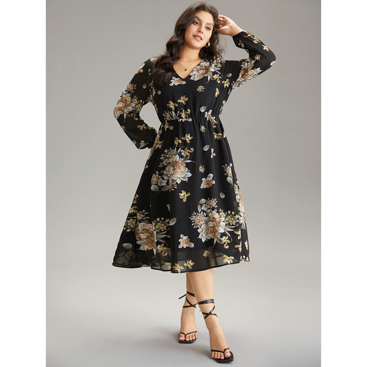 Plus Size Chiffon Floral Print Pocket Mesh Dress Black Women Elegant Elastic cuffs V-neck Long Sleeve Curvy Midi Dress BloomChic 12/L Product Image