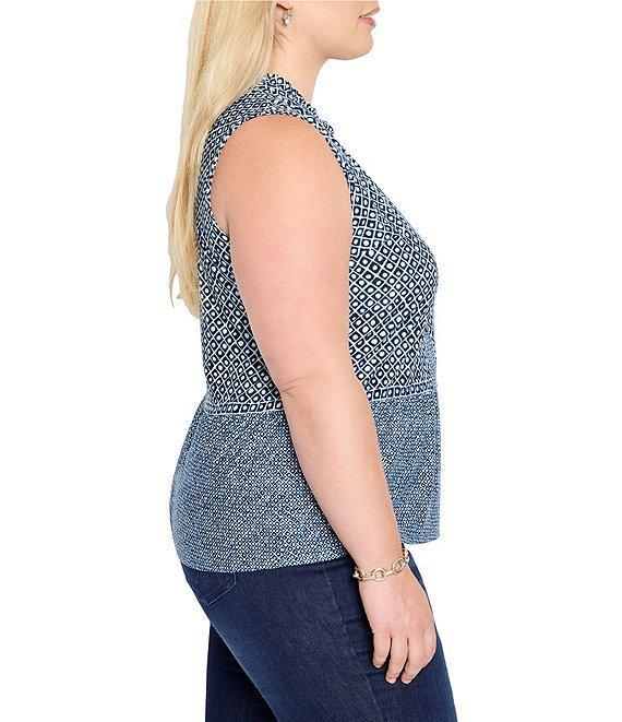 NIC + ZOE Plus Size Coastal Geo Print Split Neck Sleeveless Faux Button Tank Product Image