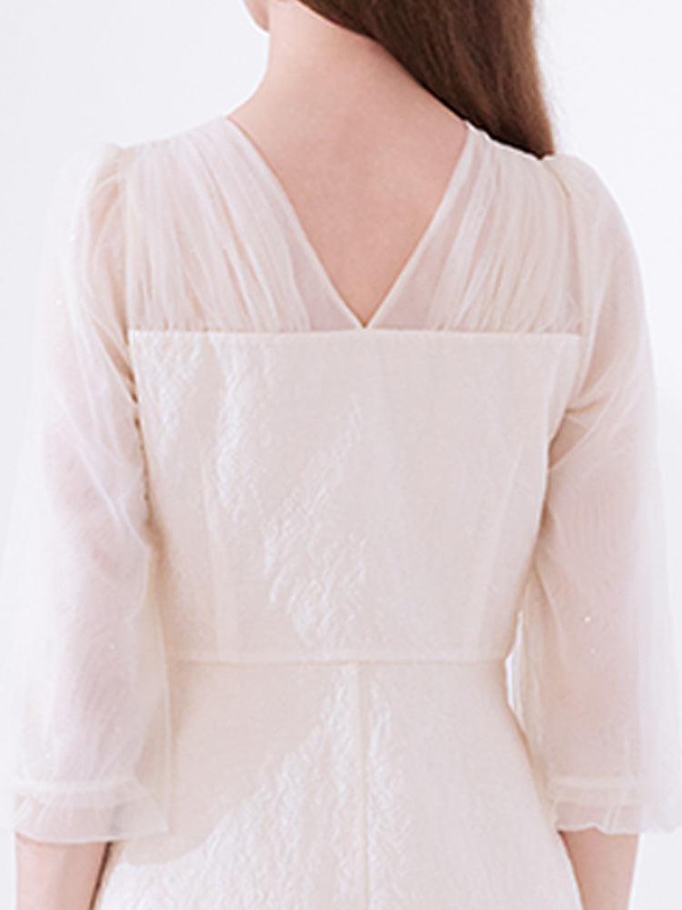 White Mesh Half-Sleeve V-Neck Jacquard Midi Dress Product Image
