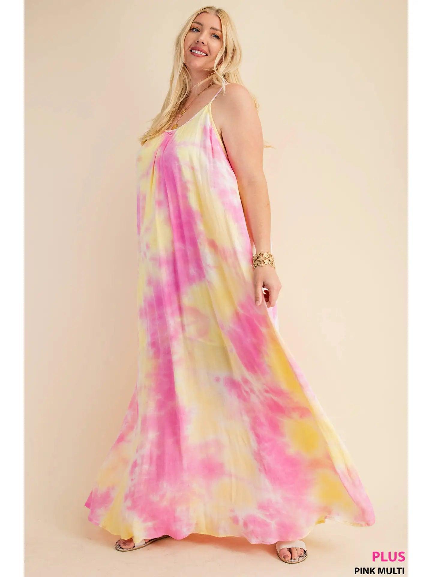 Pink and Yellow Soft Tie-Dye Fabrication Strappy Maxi Dress Female Product Image