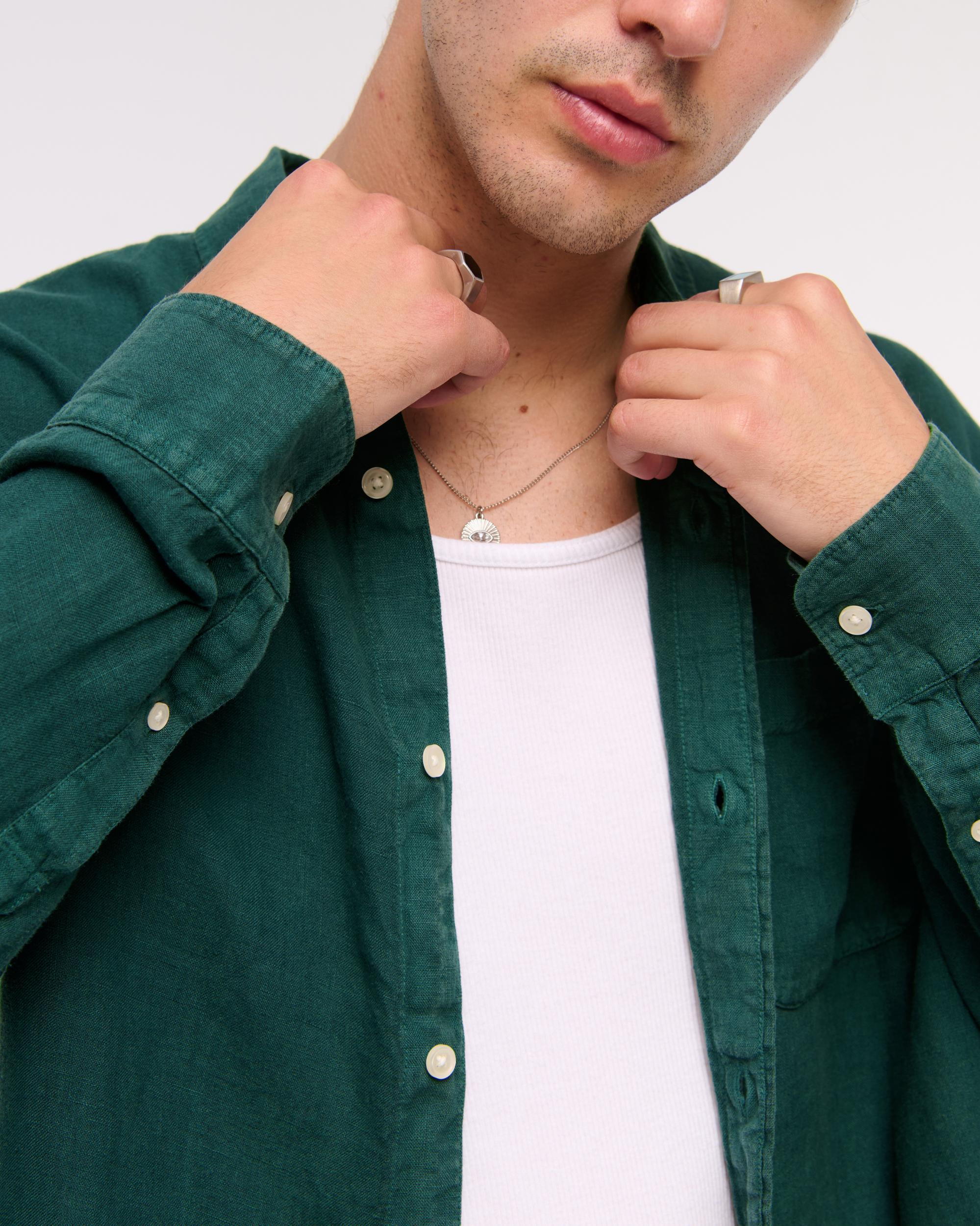 Cropped Linen Button-Up Shirt Product Image