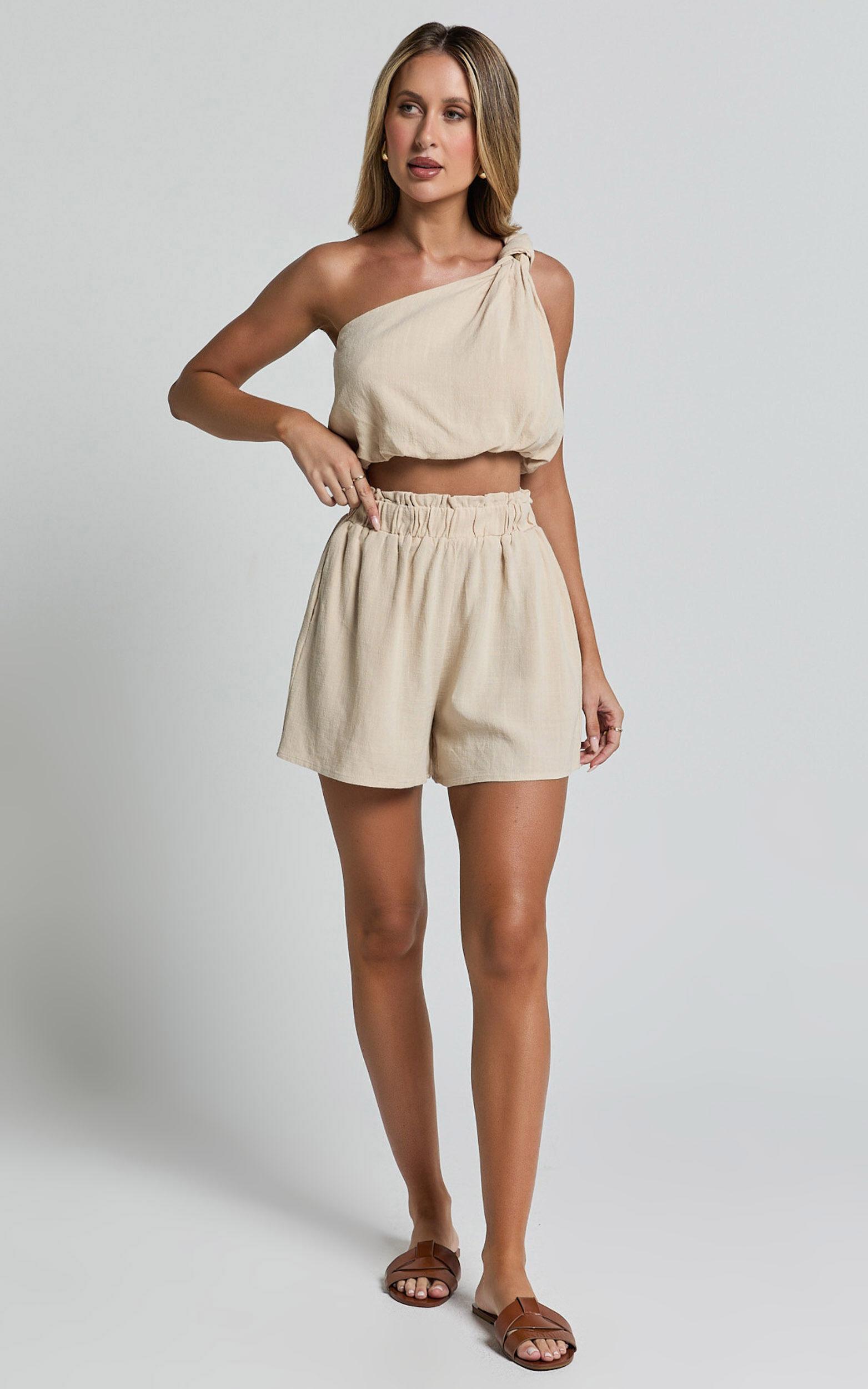 Raylene Two Piece Set - Linen Knotted One Shoulder Top and Paper Bag Waist Shorts in Natural Product Image