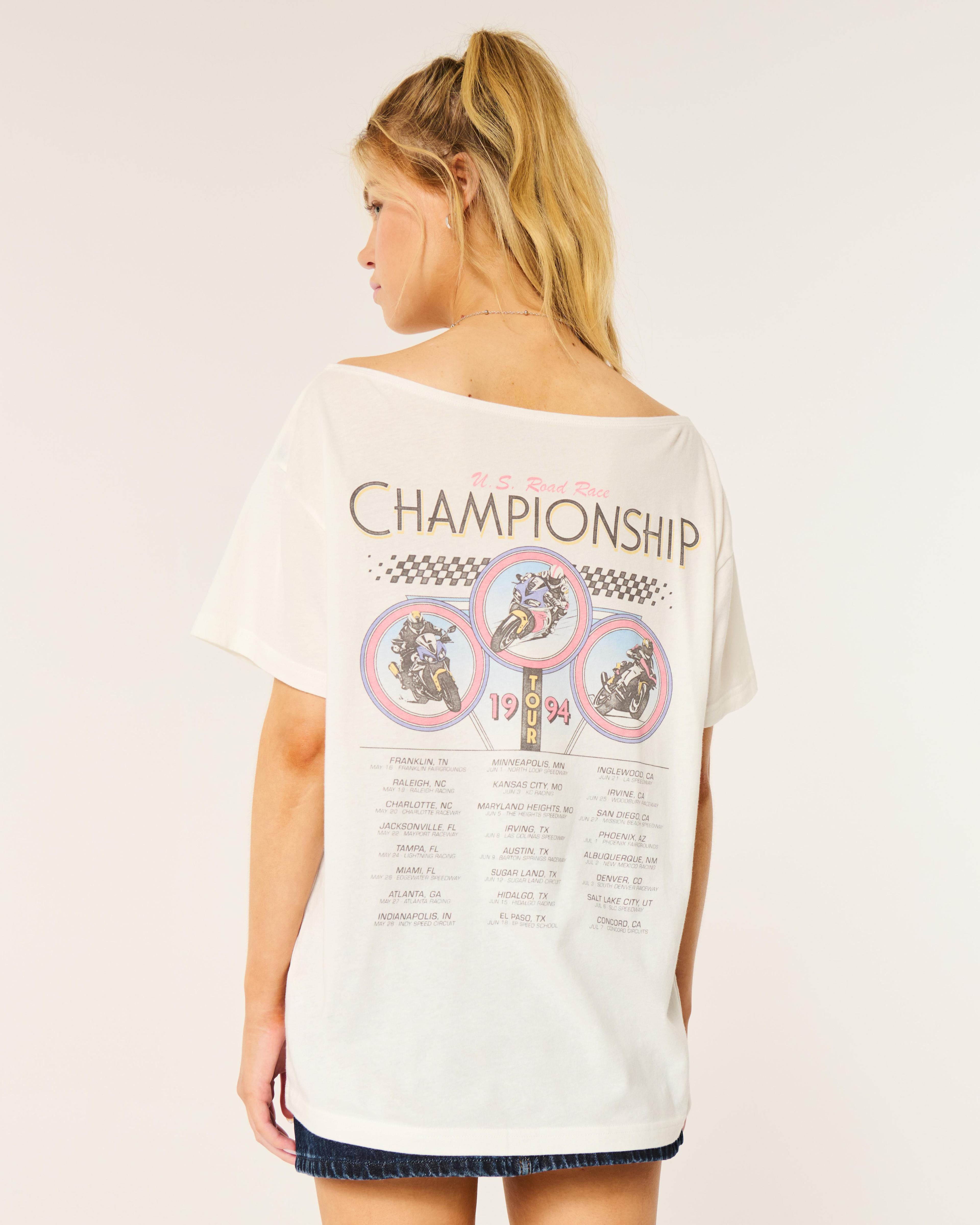 Oversized Off-the-Shoulder Motorcycle Racing Graphic Tee Product Image