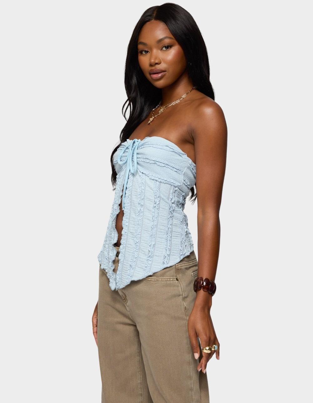 EDIKTED Textured Ruffle Split Front Strapless Top - LIGHT BLUE Product Image