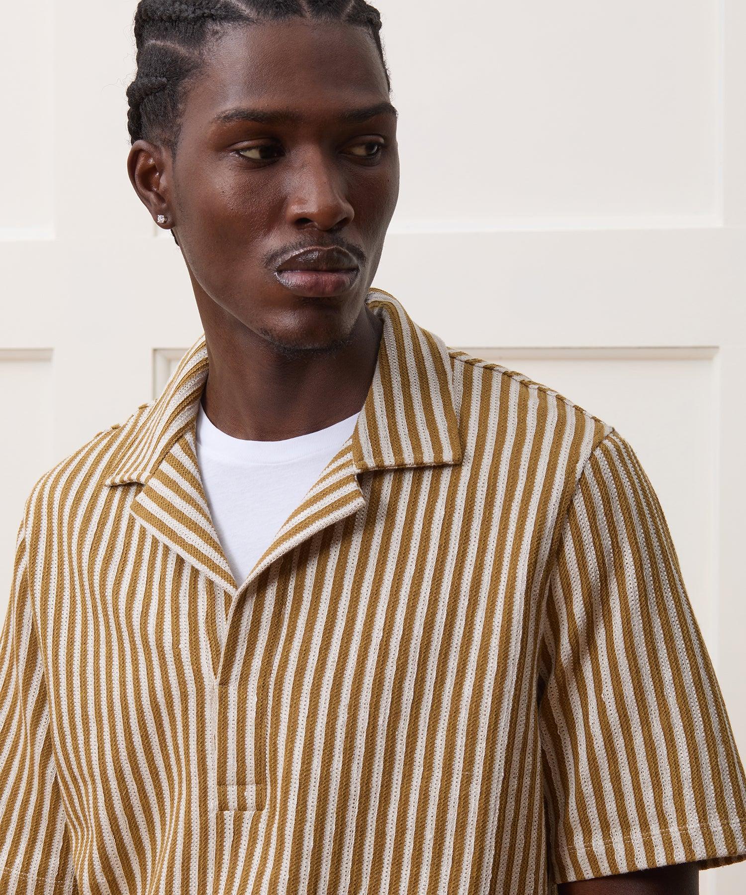 Linen-Cotton Knit Striped Polo in Gilded Gold Product Image