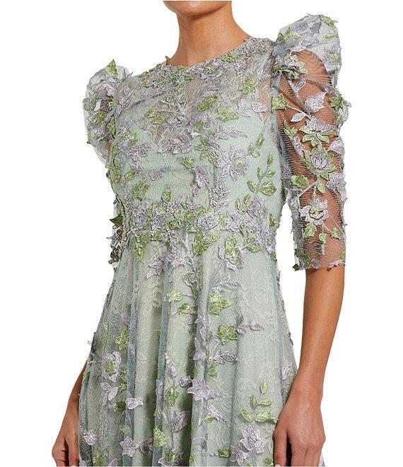 Mac Duggal Embroidered Floral Lace Crew Neck 3/4 Puff Sleeve A-Line Midi Dress Product Image