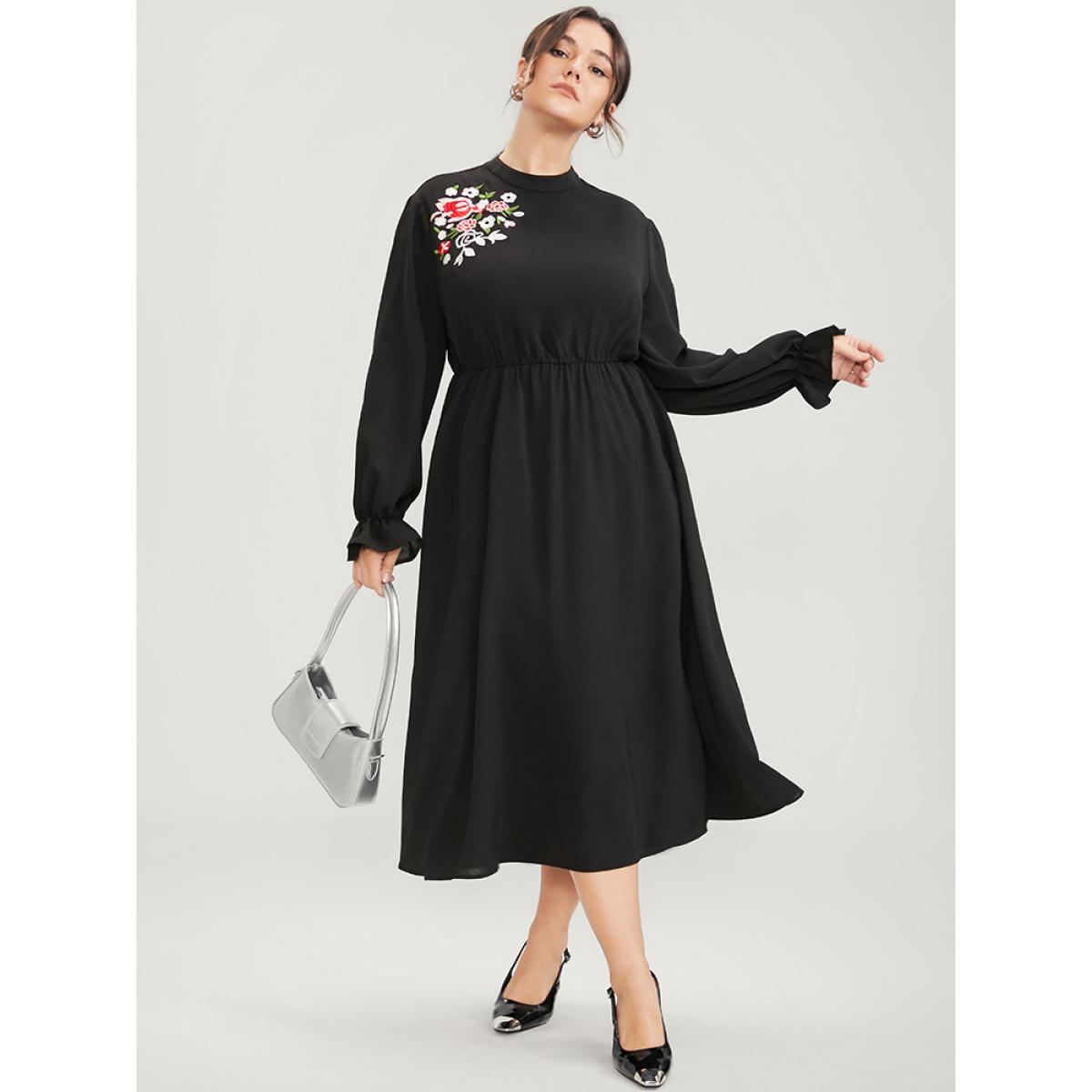 Plus Size Floral Embroidered Pocket Mock Neck Dress Black Women Office Embroidered Mock Neck Long Sleeve Curvy Midi Dress BloomChic 10/M Product Image