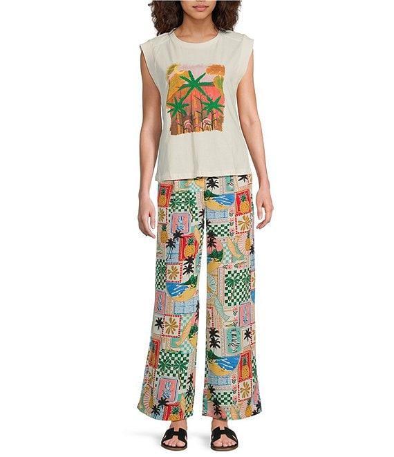 Skies Are Blue Postcard Printed High Waist Wide Leg Elastic Back Pant Product Image