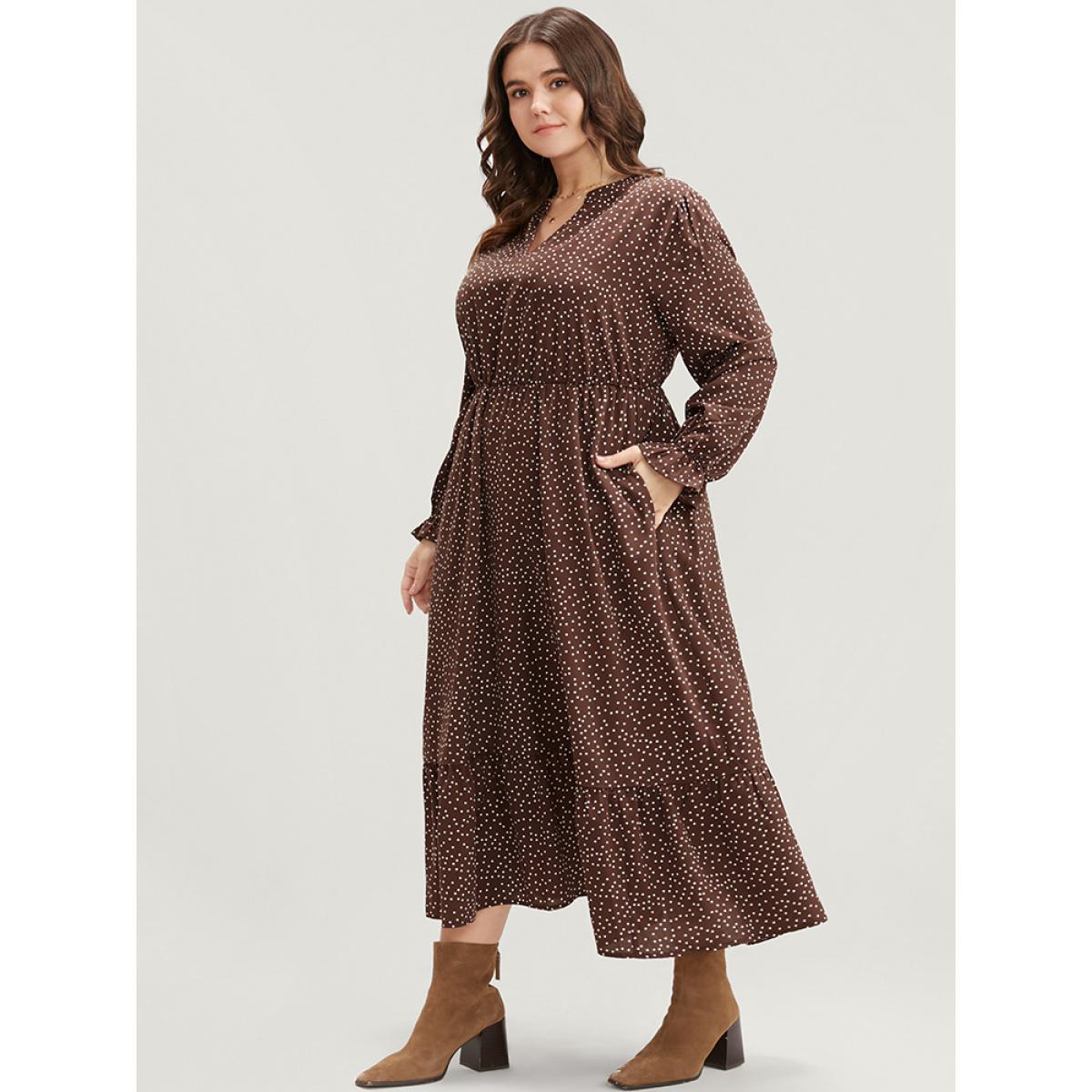 Plus Size Polka Dot Pocket Lantern Sleeve Flutter Hem Dress DarkBrown Women Elegant Pocket V-neck Long Sleeve Curvy Midi Dress BloomChic 14-16/1X Product Image