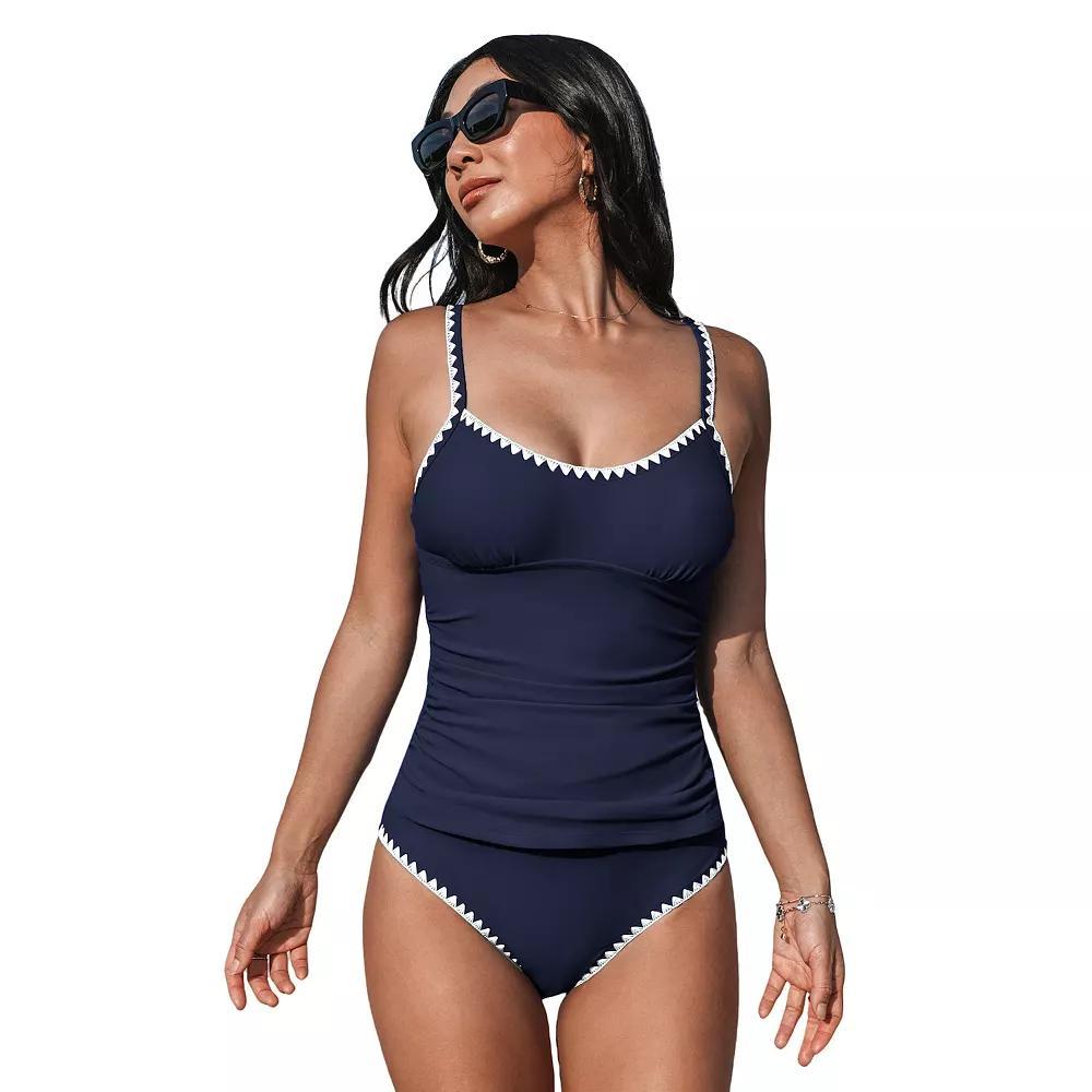 Women's Cupshe 2-pc. Scoop Neck Shell Stitch Ruched Tankini Swim Top & Swim Bottoms Set,  Product Image