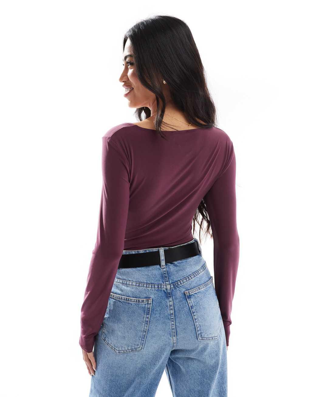 Miss Selfridge square neck long sleeve bodysuit in burgundy Product Image