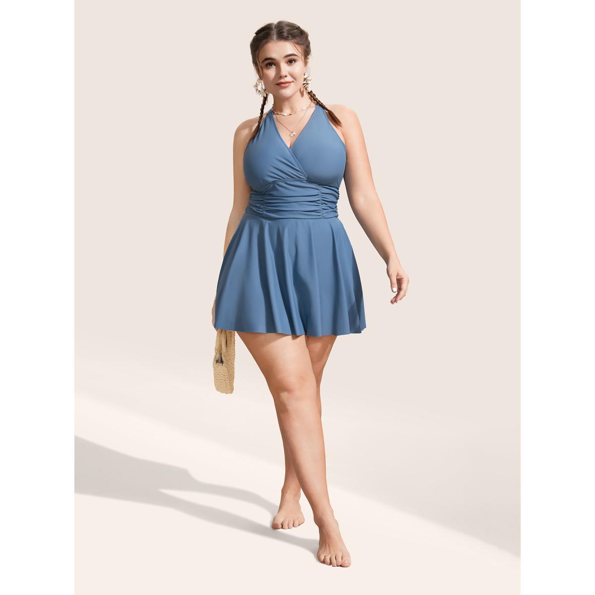 Plus Size Plain Overlap Collar Ruched Swim Dress Women's Swimwear Aegean Beach Bodycon Overlap Collar High stretch Curve Swim Dresses BloomChic 22-24/3X Product Image