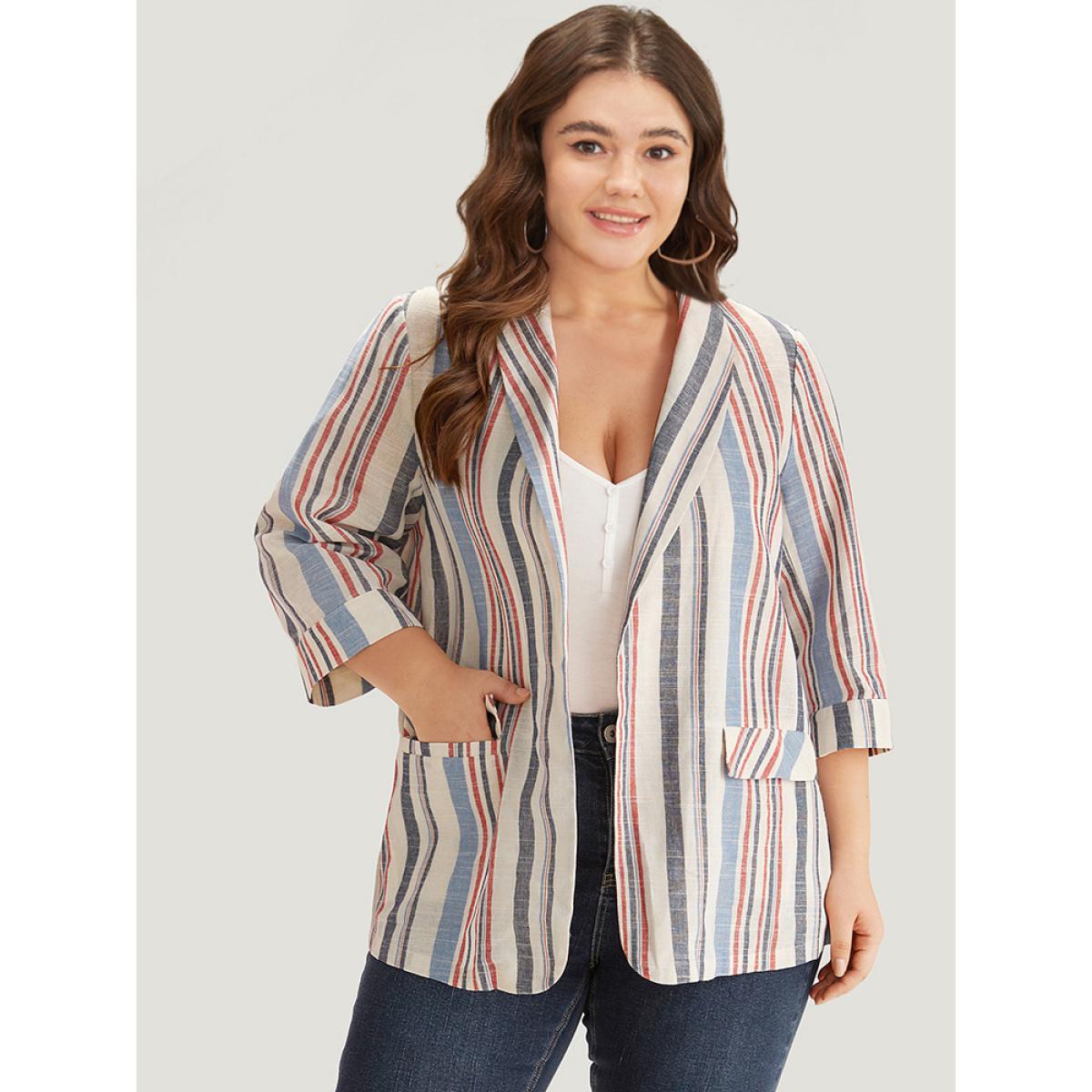 Plus Size Striped Lapel Collar Pocket Open Front Blazer DarkBlue Women Dailywear Striped Pocket Sleeve Elbow-length sleeve Lapel Collar 22-24/3X Pocket Casual Blazers BloomChic Product Image