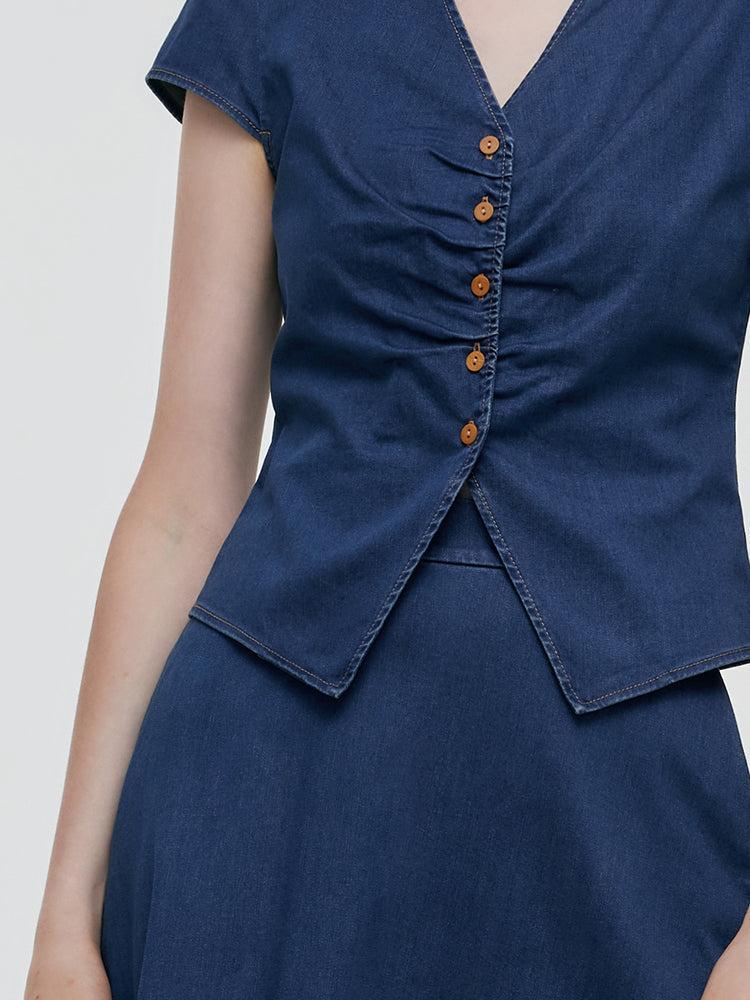 Pre-Order Denim V-Neck Top And Midi Skirt Two-Piece Set Product Image