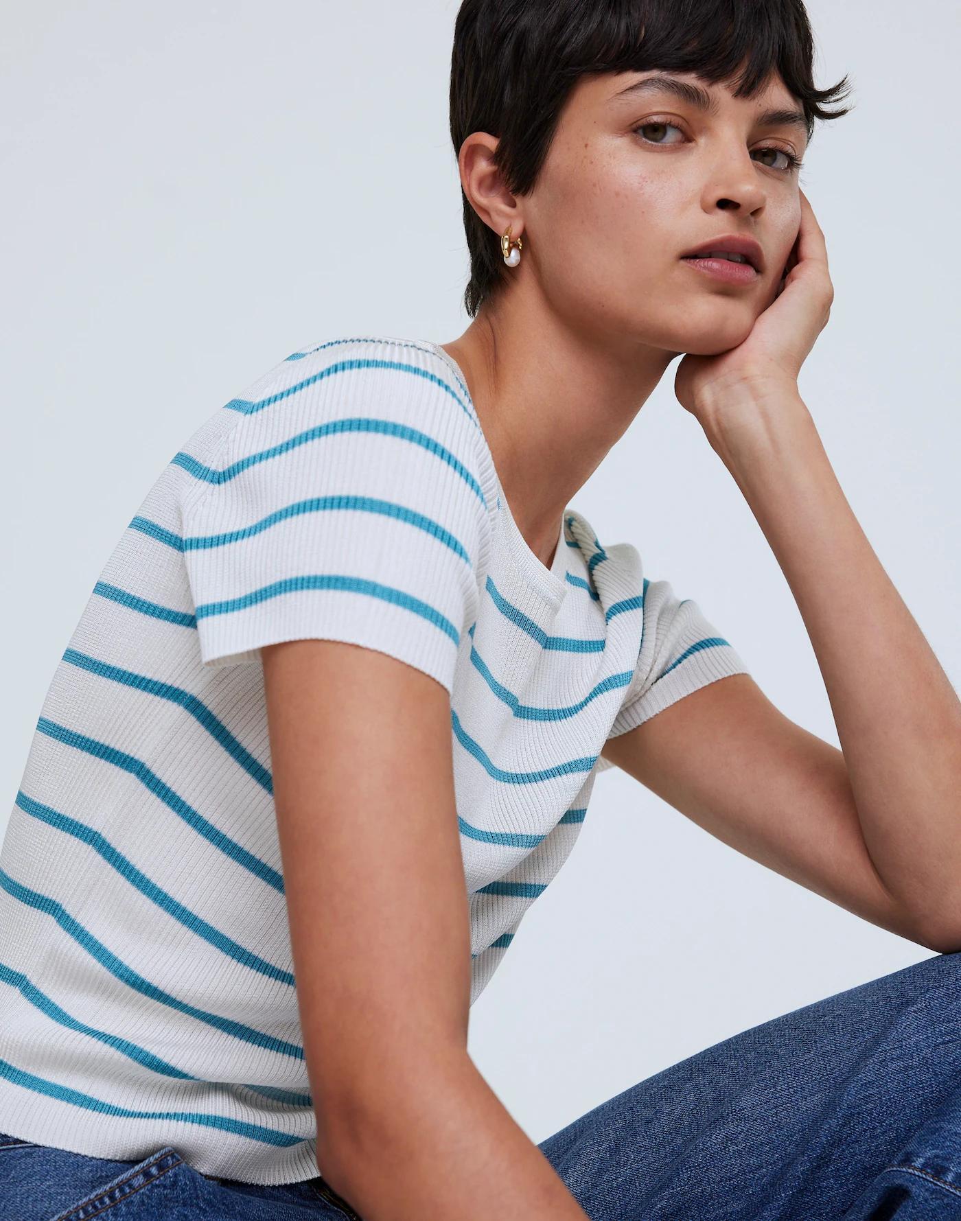 Cropped Crewneck Sweater Tee in Stripe Product Image