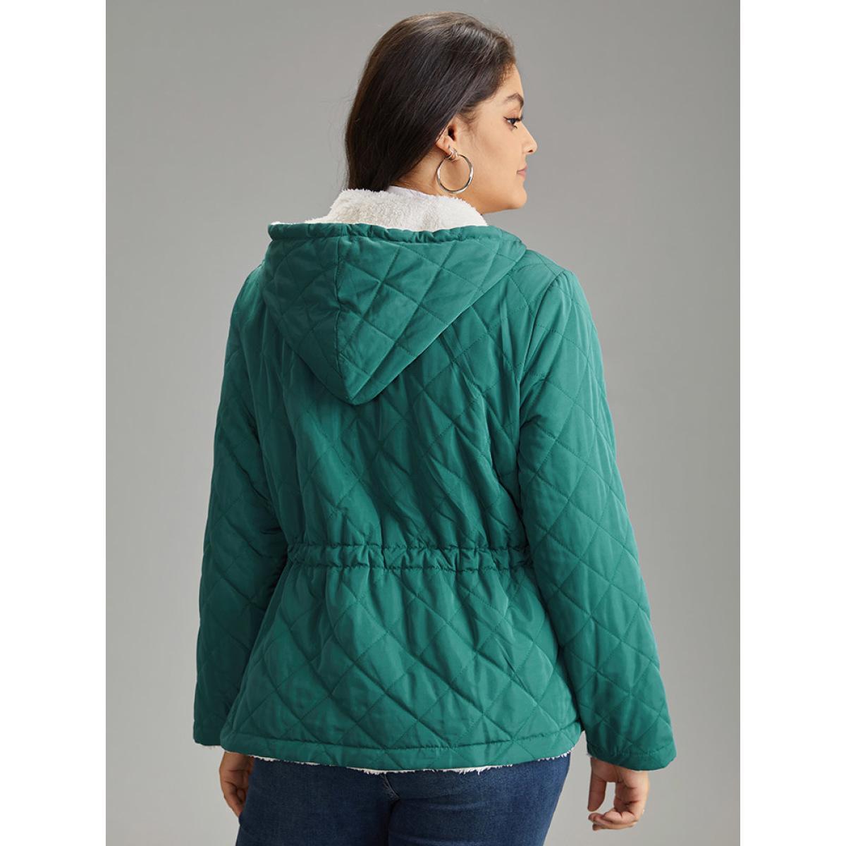 Plus Size Drawstring Quilted Zipper Fluffy Patchwork Jacket Women DarkGreen Texture Pocket Everyday Jackets BloomChic 14-16/1X Product Image