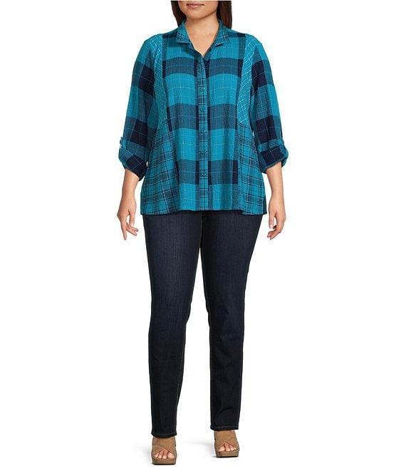 Ali Miles Woven Plaid Multi Print Point Collar 3/4 Roll-Tab Sleeve Button-Front Tunic Product Image