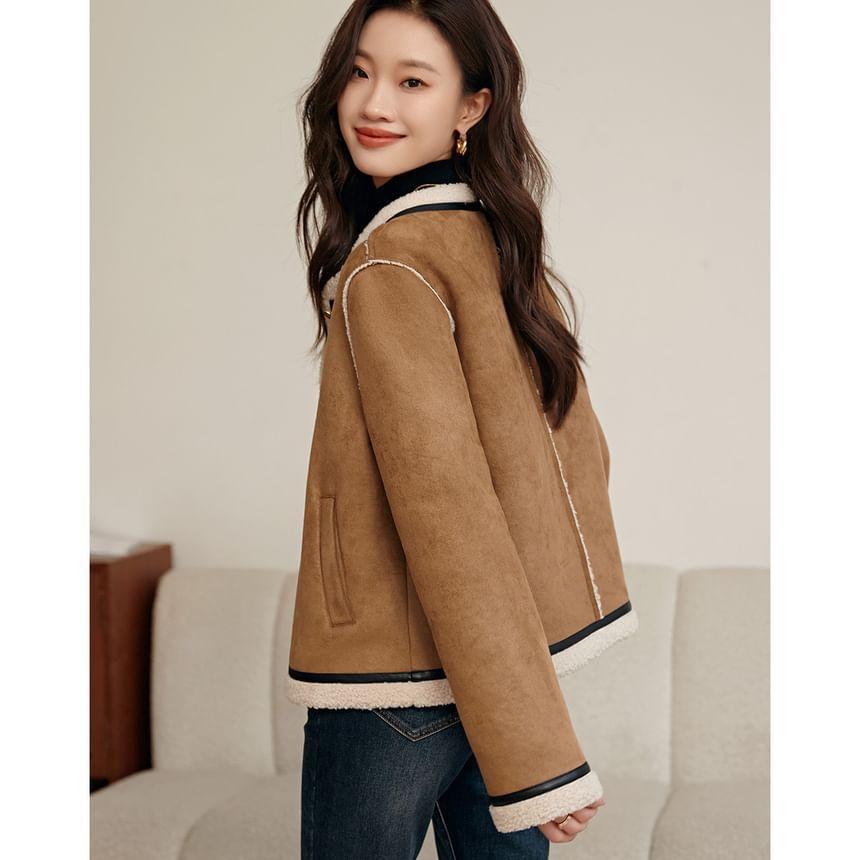 Round Neck Contrast Trim Faux Suede Button Jacket Product Image