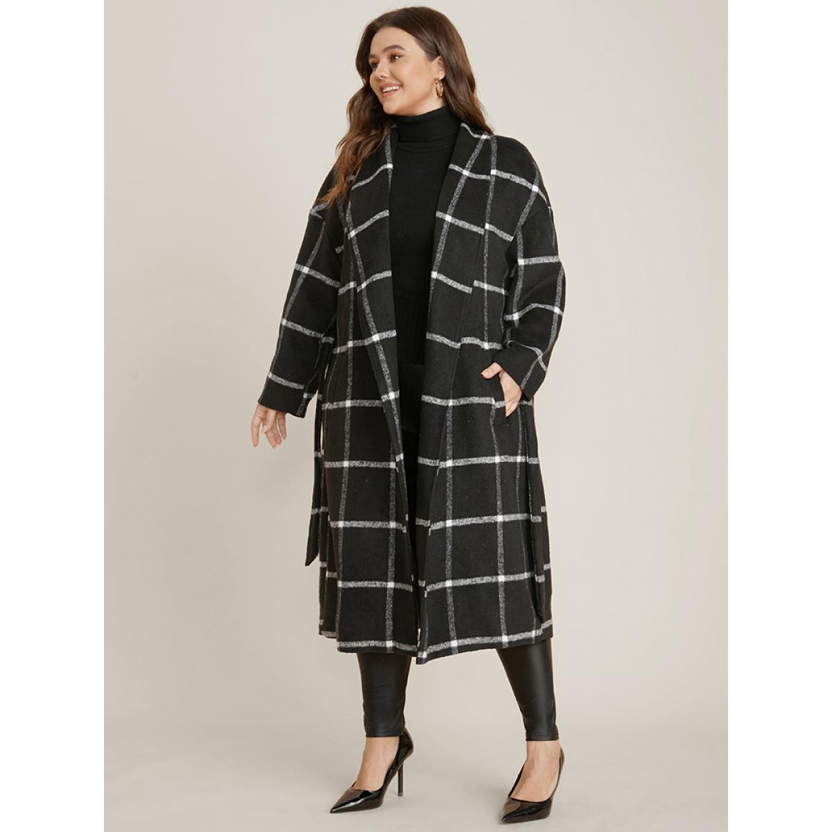 Plus Size Plaid Lapel Collar Pocket Belted Open Front Coat Women Black Elegant Ladies Dailywear Winter Coats BloomChic 30/6X Product Image