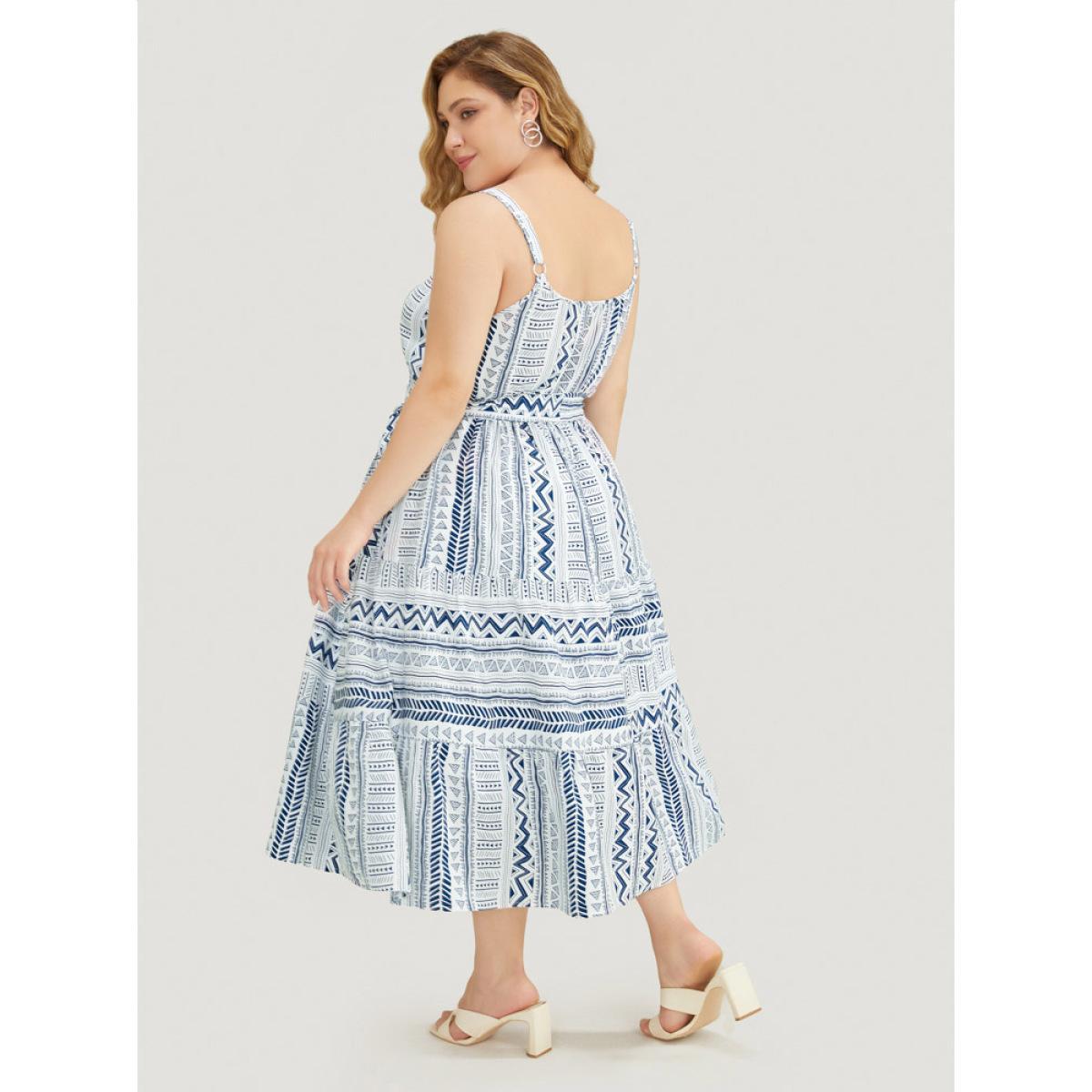 Plus Size Geometric Print Belted Flutter Tiered Pocket Cami Dress Aegean Women Vacation Adjustable Straps Spaghetti Strap Sleeveless Curvy Midi Dress BloomChic 18-20/2X Product Image